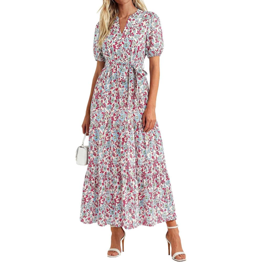 image:imagePRETTYGARDEN Womens Summer Maxi Dresses Boho Floral Short Sleeve V Neck Casual Wedding Guest 2026 Beach Vacation OutfitsFloral Beige Multicolored