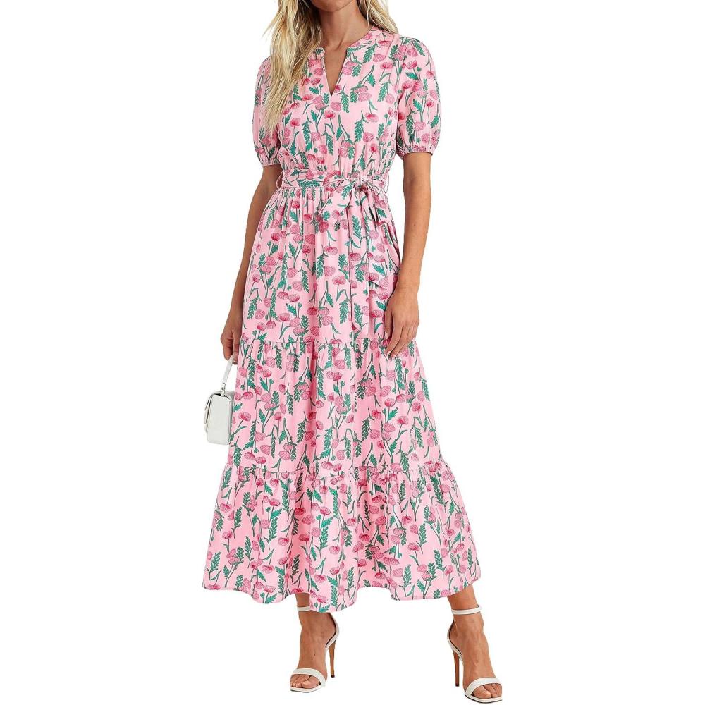 image:imagePRETTYGARDEN Womens Summer Maxi Dresses Boho Floral Short Sleeve V Neck Casual Wedding Guest 2026 Beach Vacation OutfitsFloral Pink Multicolored