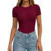 image:imagePRETTYGARDEN Body Suits for Womens Summer Tops 2026 Casual Short Sleeve Ribbed Fitted Basic Tee Shirts Spring Fashion ClothesBurgundy