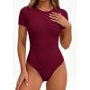 image:imagePRETTYGARDEN Body Suits for Womens Summer Tops 2026 Casual Short Sleeve Ribbed Fitted Basic Tee Shirts Spring Fashion ClothesBurgundy