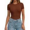image:imagePRETTYGARDEN Body Suits for Womens Summer Tops 2026 Casual Short Sleeve Ribbed Fitted Basic Tee Shirts Spring Fashion ClothesCamel