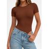 image:imagePRETTYGARDEN Body Suits for Womens Summer Tops 2026 Casual Short Sleeve Ribbed Fitted Basic Tee Shirts Spring Fashion ClothesCamel