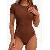 image:imagePRETTYGARDEN Body Suits for Womens Summer Tops 2026 Casual Short Sleeve Ribbed Fitted Basic Tee Shirts Spring Fashion ClothesCamel