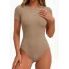 image:imagePRETTYGARDEN Body Suits for Womens Summer Tops 2026 Casual Short Sleeve Ribbed Fitted Basic Tee Shirts Spring Fashion ClothesKhaki