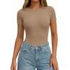 image:imagePRETTYGARDEN Body Suits for Womens Summer Tops 2026 Casual Short Sleeve Ribbed Fitted Basic Tee Shirts Spring Fashion ClothesKhaki