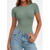 image:imagePRETTYGARDEN Body Suits for Womens Summer Tops 2026 Casual Short Sleeve Ribbed Fitted Basic Tee Shirts Spring Fashion ClothesSage Green