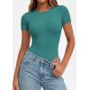 image:imagePRETTYGARDEN Body Suits for Womens Summer Tops 2026 Casual Short Sleeve Ribbed Fitted Basic Tee Shirts Spring Fashion ClothesTeal