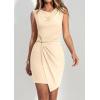 image:imagePRETTYGARDEN Cocktail Dresses for Women Wedding Guest Summer 2026 Spring Short Formal Ruched Bodycon Mini Cowl Neck DressBeige