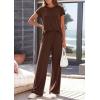 image:imagePRETTYGARDEN Womens 2026 Summer 2 Piece Matching Lounge Sets Short Sleeve Shirts Tops Wide Leg Pants Travel Airport OutfitsBrown