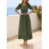 image:imagePRETTYGARDEN Womens Maxi Smocked Eyelet Dress Summer 2026 Short Puff Sleeve Long Flowy Boho Beach Party Sun Dresses PocketsArmy Green