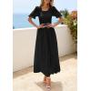 image:imagePRETTYGARDEN Womens Maxi Smocked Eyelet Dress Summer 2026 Short Puff Sleeve Long Flowy Boho Beach Party Sun Dresses PocketsBlack