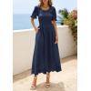 image:imagePRETTYGARDEN Womens Maxi Smocked Eyelet Dress Summer 2026 Short Puff Sleeve Long Flowy Boho Beach Party Sun Dresses PocketsNavy Blue