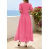 image:imagePRETTYGARDEN Womens Maxi Smocked Eyelet Dress Summer 2026 Short Puff Sleeve Long Flowy Boho Beach Party Sun Dresses PocketsPink