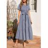 image:imagePRETTYGARDEN Womens Summer Maxi Button Up Shirt Dress 2026 Short Sleeve Striped A Line Long Flowy Elegant Spring DressesNavy Blue Striped