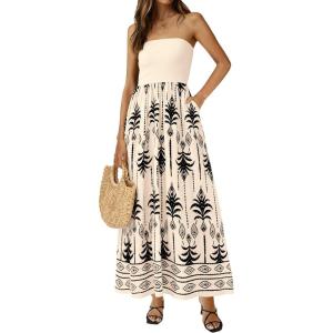image:imagePRETTYGARDEN Summer Dresses for Women 2026 Floral Patchwork Strapless Tube Long Flowy Dress Beach Vacation ClothesFloral Apricot Black