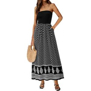 image:imagePRETTYGARDEN Summer Dresses for Women 2026 Floral Patchwork Strapless Tube Long Flowy Dress Beach Vacation ClothesFloral Black