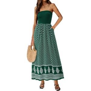 image:imagePRETTYGARDEN Summer Dresses for Women 2026 Floral Patchwork Strapless Tube Long Flowy Dress Beach Vacation ClothesFloral Green White