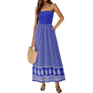 image:imagePRETTYGARDEN Summer Dresses for Women 2026 Floral Patchwork Strapless Tube Long Flowy Dress Beach Vacation ClothesFloral Royal Blue White