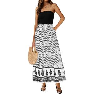 image:imagePRETTYGARDEN Summer Dresses for Women 2026 Floral Patchwork Strapless Tube Long Flowy Dress Beach Vacation ClothesFloral White Black