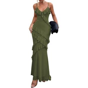 image:imagePRETTYGARDEN Women 2026 Wedding Guest Cocktail Maxi Dress Spaghetti Strap Sleeveless V Neck Bodycon Mesh Party Summer OutfitsArmy Green