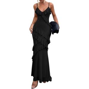 image:imagePRETTYGARDEN Women 2026 Wedding Guest Cocktail Maxi Dress Spaghetti Strap Sleeveless V Neck Bodycon Mesh Party Summer OutfitsBlack