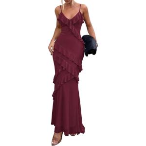 image:imagePRETTYGARDEN Women 2026 Wedding Guest Cocktail Maxi Dress Spaghetti Strap Sleeveless V Neck Bodycon Mesh Party Summer OutfitsBurgundy