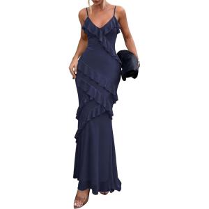 image:imagePRETTYGARDEN Women 2026 Wedding Guest Cocktail Maxi Dress Spaghetti Strap Sleeveless V Neck Bodycon Mesh Party Summer OutfitsNavy Blue