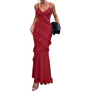 image:imagePRETTYGARDEN Women 2026 Wedding Guest Cocktail Maxi Dress Spaghetti Strap Sleeveless V Neck Bodycon Mesh Party Summer OutfitsRed