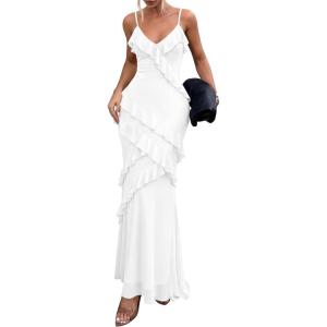 image:imagePRETTYGARDEN Women 2026 Wedding Guest Cocktail Maxi Dress Spaghetti Strap Sleeveless V Neck Bodycon Mesh Party Summer OutfitsWhite