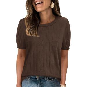 image:imagePRETTYGARDEN Womens 2026 Spring Short Sleeve Sweater Knit Going Out Tops Work Shirts Trendy Summer Business Casual OutfitsBrown