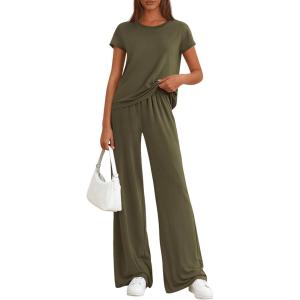 image:imagePRETTYGARDEN Womens 2026 Summer 2 Piece Matching Lounge Sets Short Sleeve Shirts Tops Wide Leg Pants Travel Airport OutfitsArmy Green
