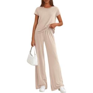 image:imagePRETTYGARDEN Womens 2026 Summer 2 Piece Matching Lounge Sets Short Sleeve Shirts Tops Wide Leg Pants Travel Airport OutfitsBeige