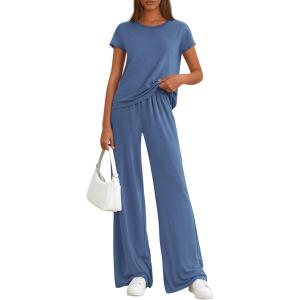 image:imagePRETTYGARDEN Womens 2026 Summer 2 Piece Matching Lounge Sets Short Sleeve Shirts Tops Wide Leg Pants Travel Airport OutfitsBlue