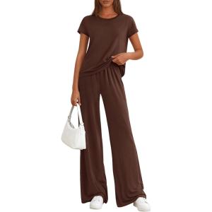 image:imagePRETTYGARDEN Womens 2026 Summer 2 Piece Matching Lounge Sets Short Sleeve Shirts Tops Wide Leg Pants Travel Airport OutfitsBrown