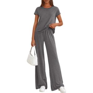 image:imagePRETTYGARDEN Womens 2026 Summer 2 Piece Matching Lounge Sets Short Sleeve Shirts Tops Wide Leg Pants Travel Airport OutfitsDark Grey