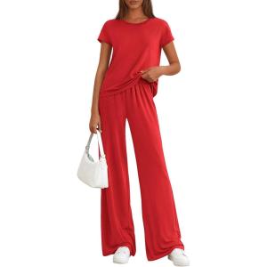 image:imagePRETTYGARDEN Womens 2026 Summer 2 Piece Matching Lounge Sets Short Sleeve Shirts Tops Wide Leg Pants Travel Airport OutfitsRed