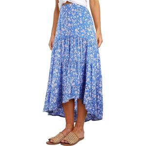 image:imagePRETTYGARDEN Womens Ditzy Floral Print Midi Skirt Boho Elastic High Waist Long Skirts for Women Trendy High Low HemBlue