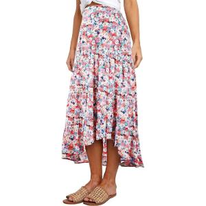 image:imagePRETTYGARDEN Womens Ditzy Floral Print Midi Skirt Boho Elastic High Waist Long Skirts for Women Trendy High Low HemBlue Red