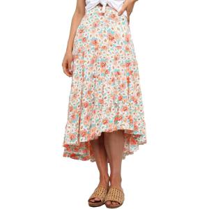 image:imagePRETTYGARDEN Womens Ditzy Floral Print Midi Skirt Boho Elastic High Waist Long Skirts for Women Trendy High Low HemFloral Apricot