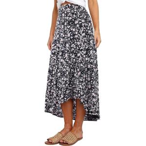 image:imagePRETTYGARDEN Womens Ditzy Floral Print Midi Skirt Boho Elastic High Waist Long Skirts for Women Trendy High Low HemNavy