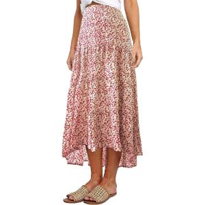 image:imagePRETTYGARDEN Womens Ditzy Floral Print Midi Skirt Boho Elastic High Waist Long Skirts for Women Trendy High Low HemPred White