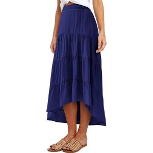 image:imagePRETTYGARDEN Womens Ditzy Floral Print Midi Skirt Boho Elastic High Waist Long Skirts for Women Trendy High Low HemSnavy