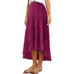 image:imagePRETTYGARDEN Womens Ditzy Floral Print Midi Skirt Boho Elastic High Waist Long Skirts for Women Trendy High Low HemSrose Red