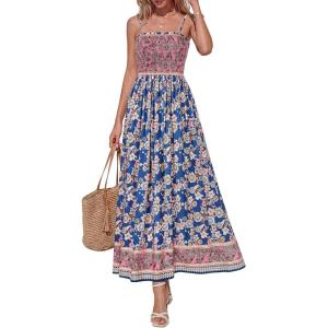 image:imagePRETTYGARDEN Womens Floral Maxi Dress Boho Casual 2026 Summer Spaghetti Strap Smocked Sleeveless Flowy Beach Vacation DressesDark Blue