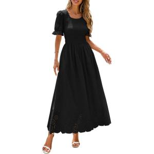 image:imagePRETTYGARDEN Womens Maxi Smocked Eyelet Dress Summer 2026 Short Puff Sleeve Long Flowy Boho Beach Party Sun Dresses PocketsBlack