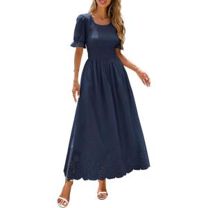 image:imagePRETTYGARDEN Womens Maxi Smocked Eyelet Dress Summer 2026 Short Puff Sleeve Long Flowy Boho Beach Party Sun Dresses PocketsNavy Blue