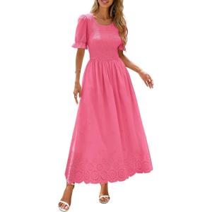 image:imagePRETTYGARDEN Womens Maxi Smocked Eyelet Dress Summer 2026 Short Puff Sleeve Long Flowy Boho Beach Party Sun Dresses PocketsPink