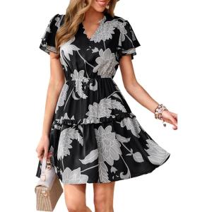 image:imagePRETTYGARDEN Womens Summer Floral Mini Dress 2026 Trendy Ruffle Short Sleeve V Neck Flowy A Line Short Beach DressesBlack Big Floral