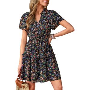image:imagePRETTYGARDEN Womens Summer Floral Mini Dress 2026 Trendy Ruffle Short Sleeve V Neck Flowy A Line Short Beach DressesFloral Black Multicolored