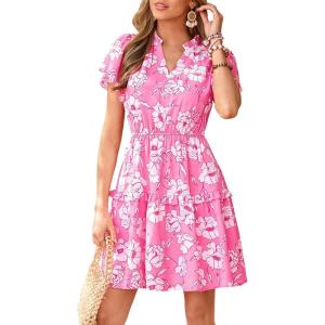 image:imagePRETTYGARDEN Womens Summer Floral Mini Dress 2026 Trendy Ruffle Short Sleeve V Neck Flowy A Line Short Beach DressesPink Floral